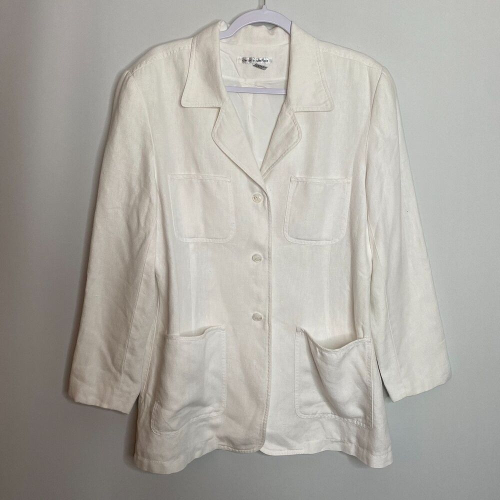 VTG Debra DeRoo Satin Lined White Linen 4 Pocket Overcoat Jacket Size M